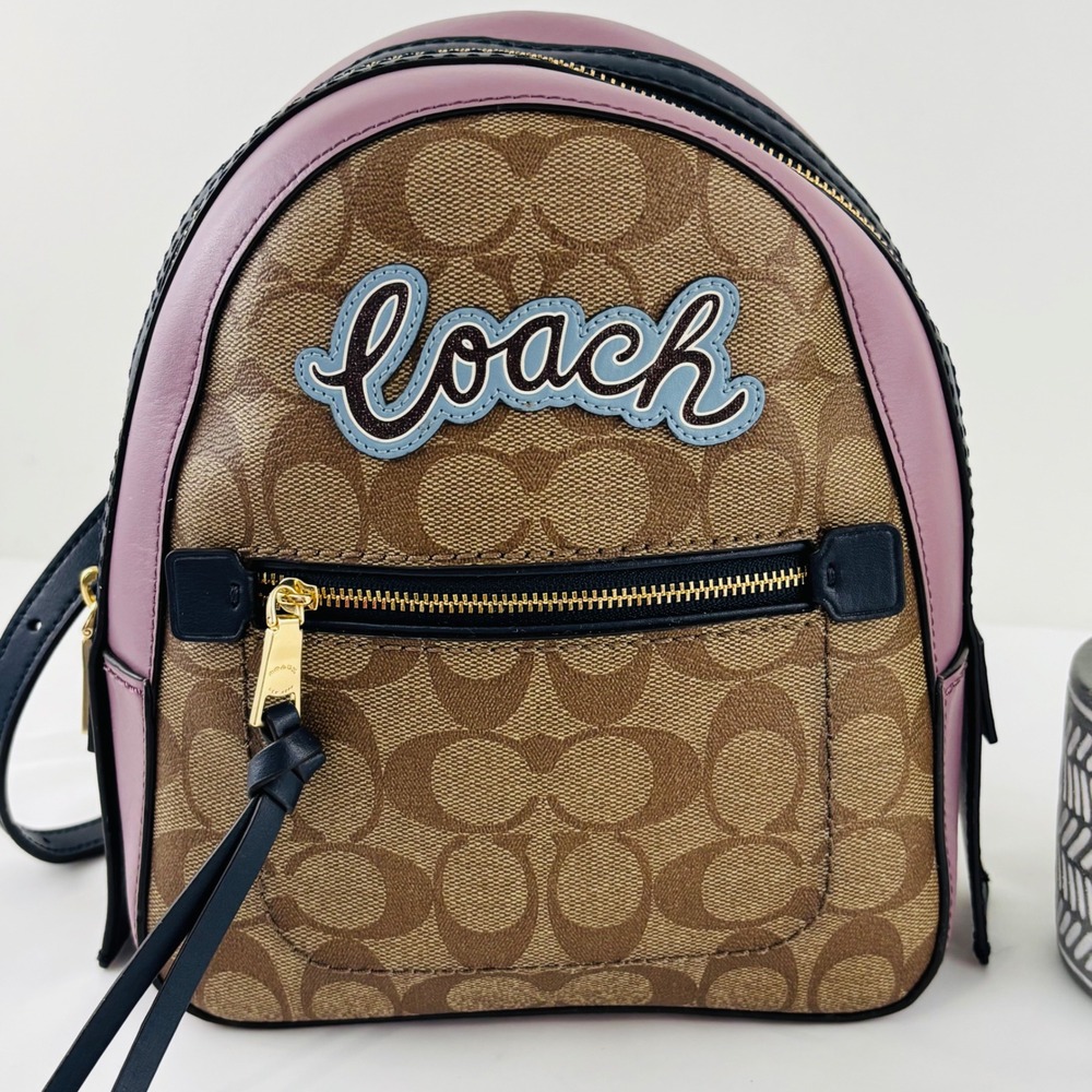 Coach Signature Andi Backpack Leather Logo Brown Purple Shoulder w/Charm Bag